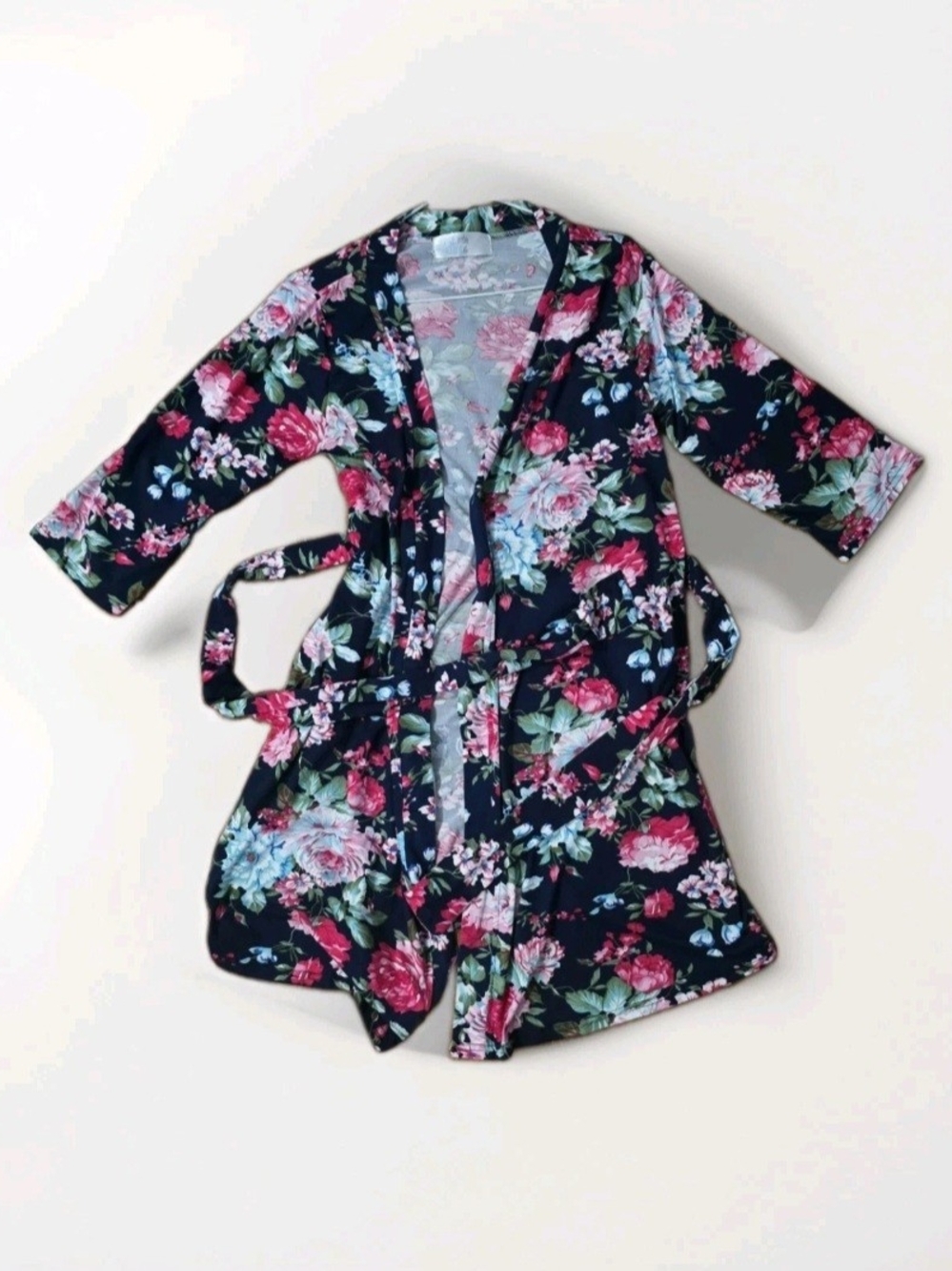 Women’s Size 8 Navy Floral Belted Kimono Robe 3/4 Sleeve